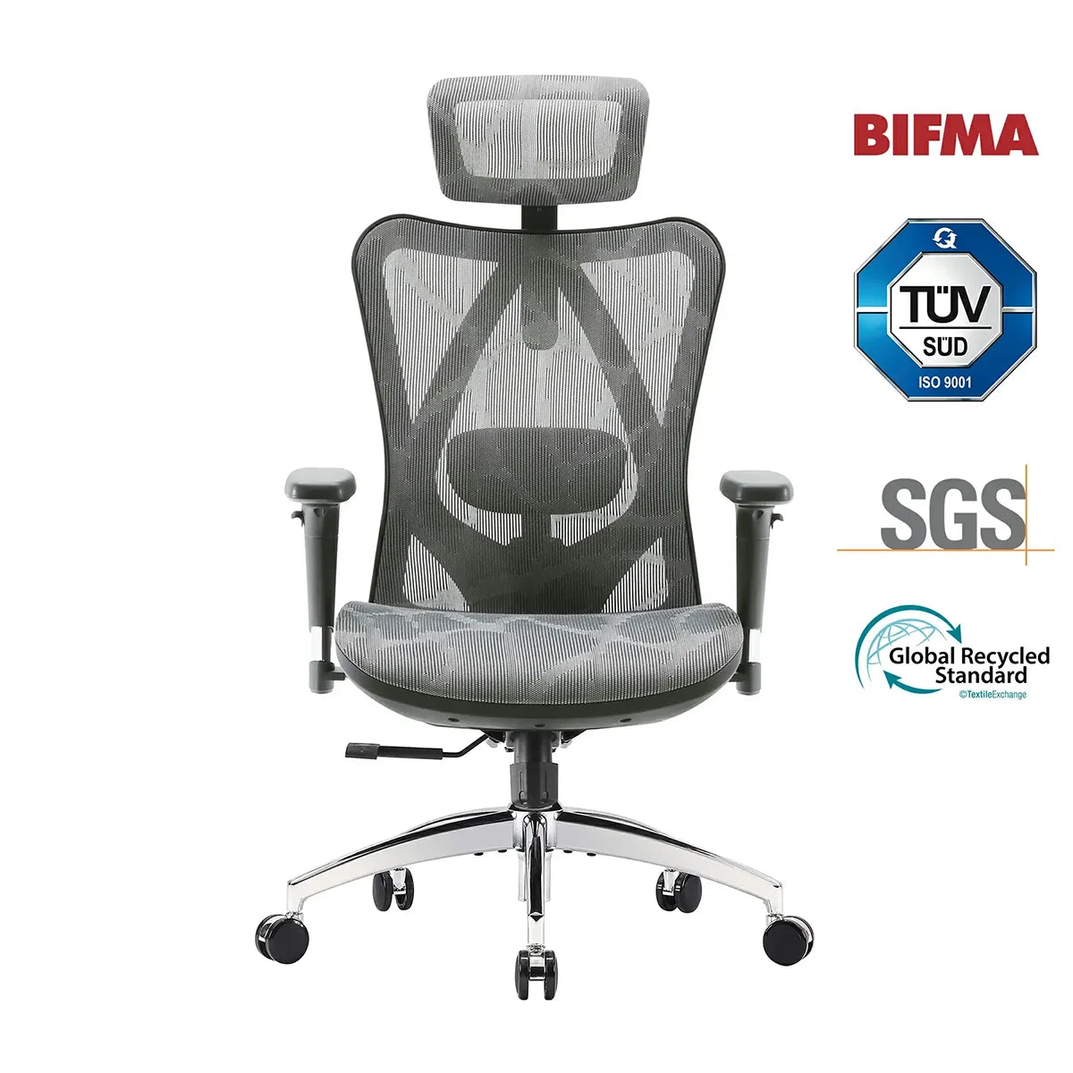Gray office chair with BIFMA, TÜV SUD, SGS, and Global Recycled Standard logos on a white background.